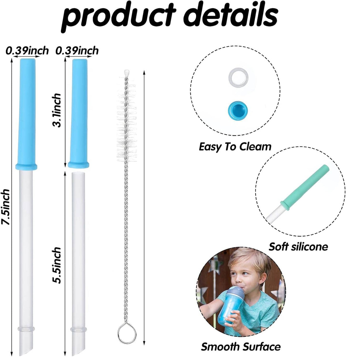 Detail of spill-proof silicone straw tips with measured stems and included cleaning brush