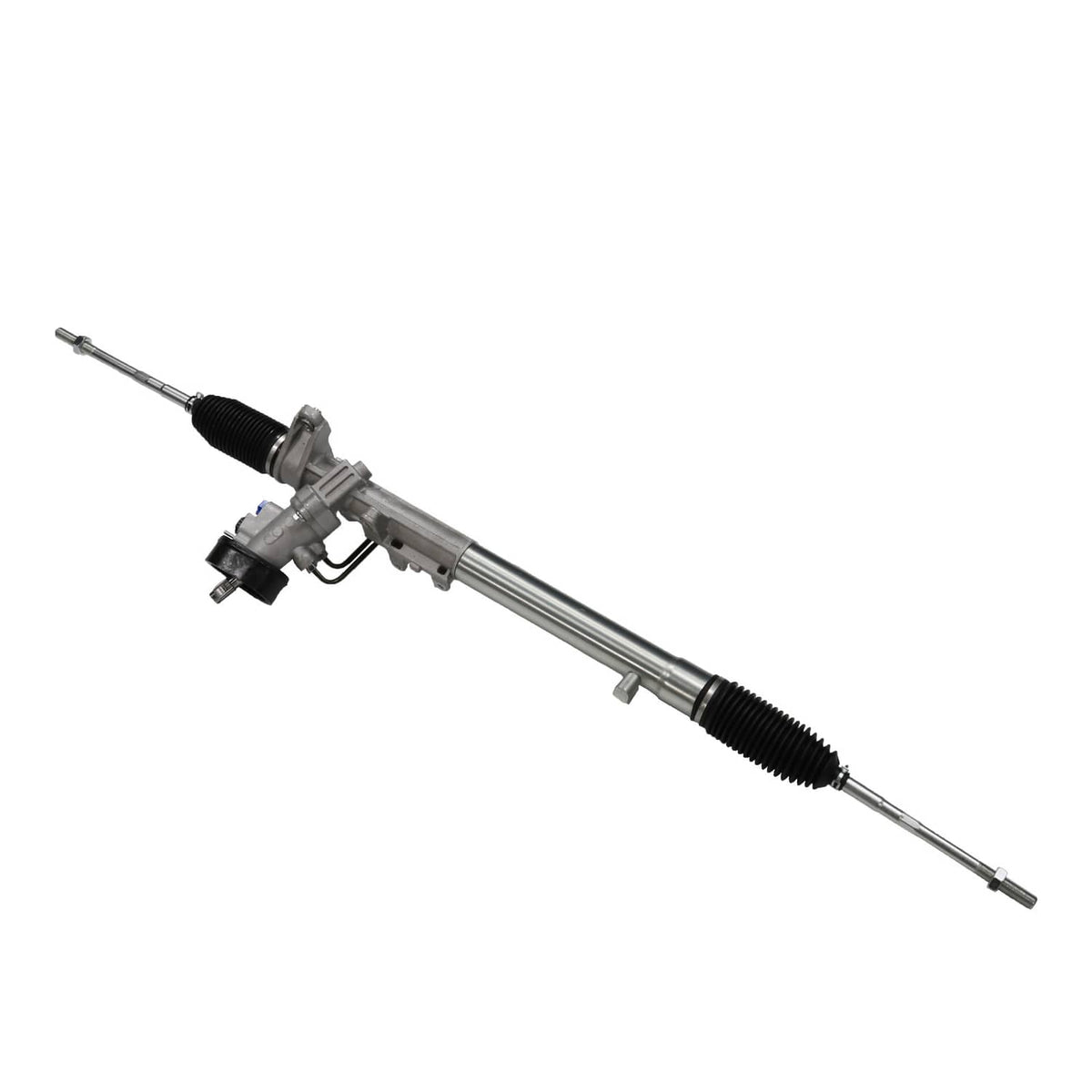 Power steering rack and pinion assembly with tie rod ends, silver metal and black boots