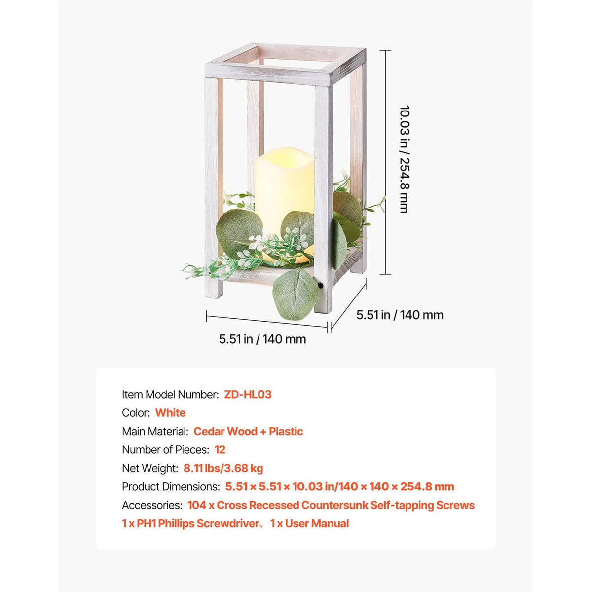 White wooden lantern with LED candle and faux eucalyptus greenery, side view