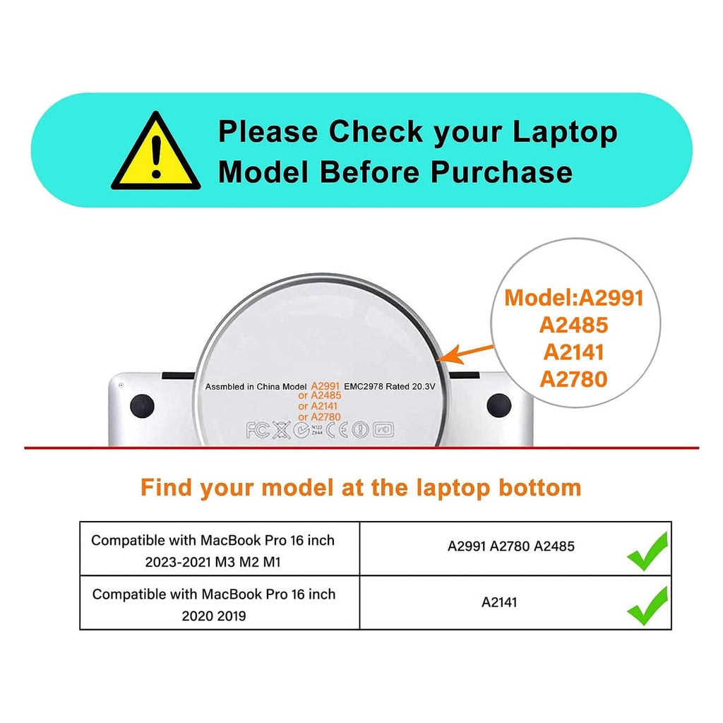 MOSISO compatibility chart showing MacBook Pro 16 inch model numbers A2485, A2141, A2790