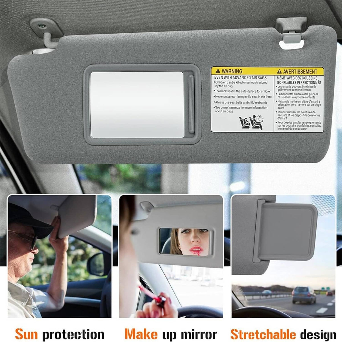 Gray sun visor with built-in vanity mirror and side mounting clips, close-up