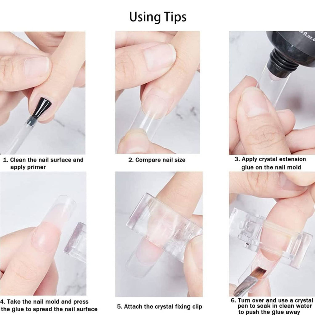 Nail tips clip application guide with hand steps and clear pink clips