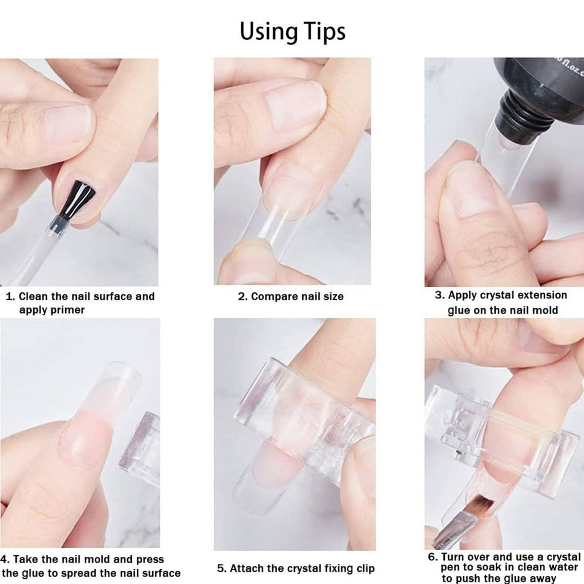 Nail tips clip application guide with hand steps and clear pink clips