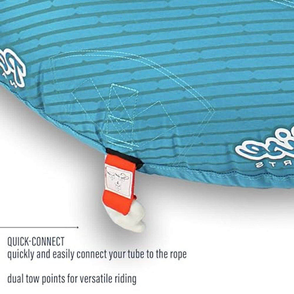 Teal towable tube with Speed Valve inflator connection and reinforced underside patch