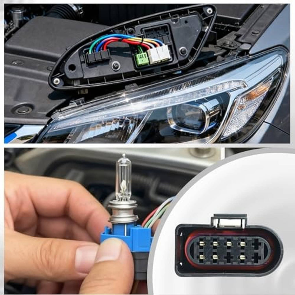 Headlight pigtail connector harness connected to headlamp wiring plug