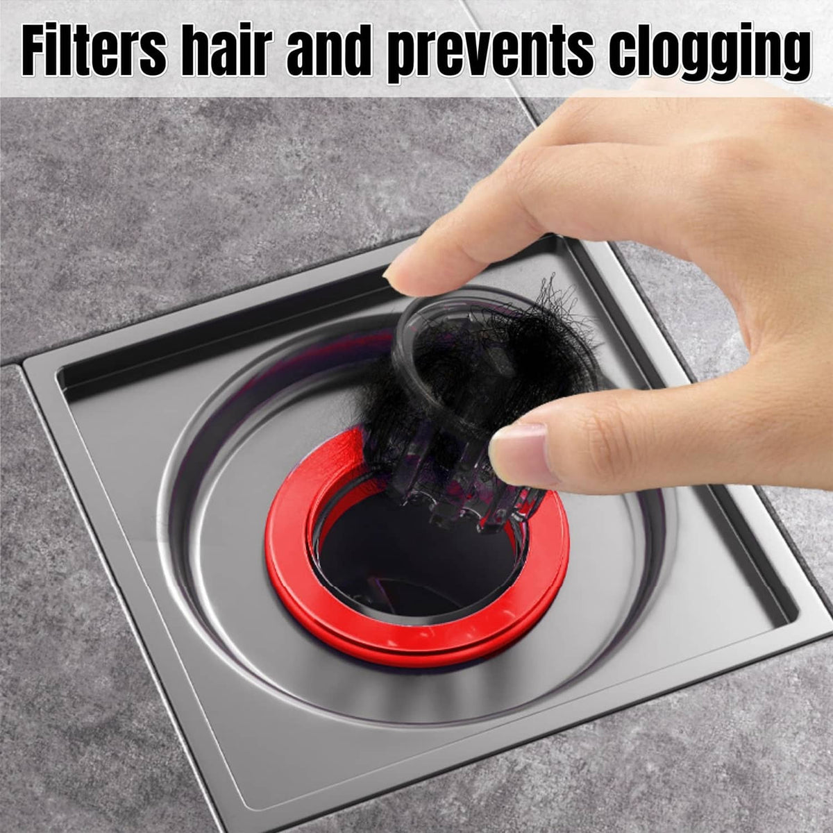 Red-ring floor drain strainer with a hand pressing debris to prevent clogging