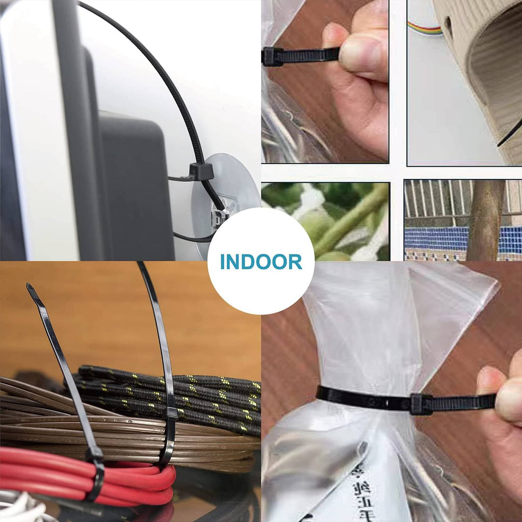 Black zip ties organizing indoor cables and holding plastic bags