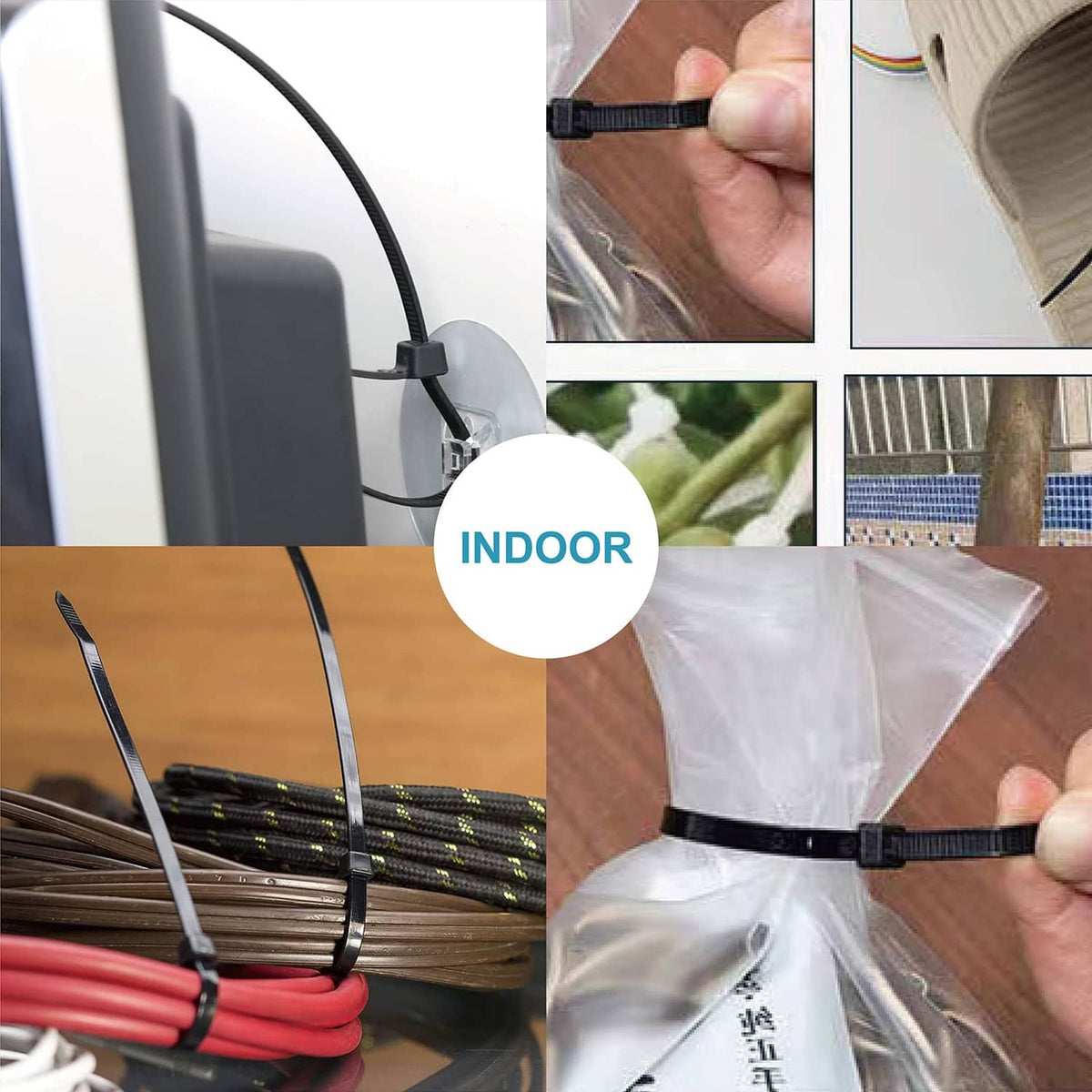 Black zip ties organizing indoor cables and holding plastic bags