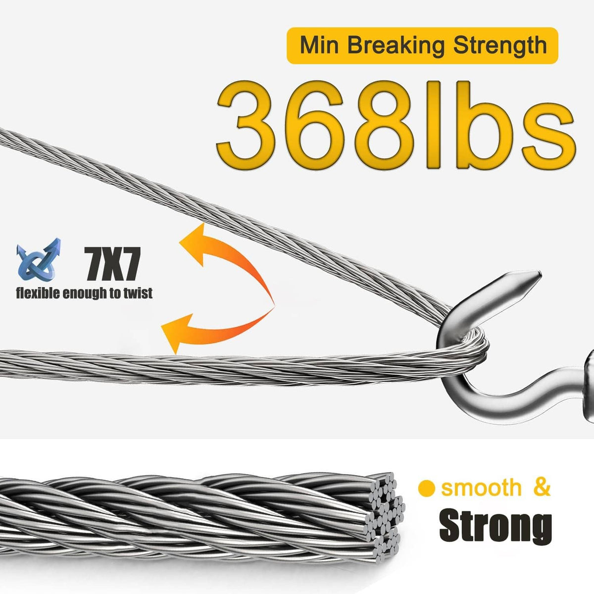 Coiled 1/16 in stainless wire rope with hook and 7x twist