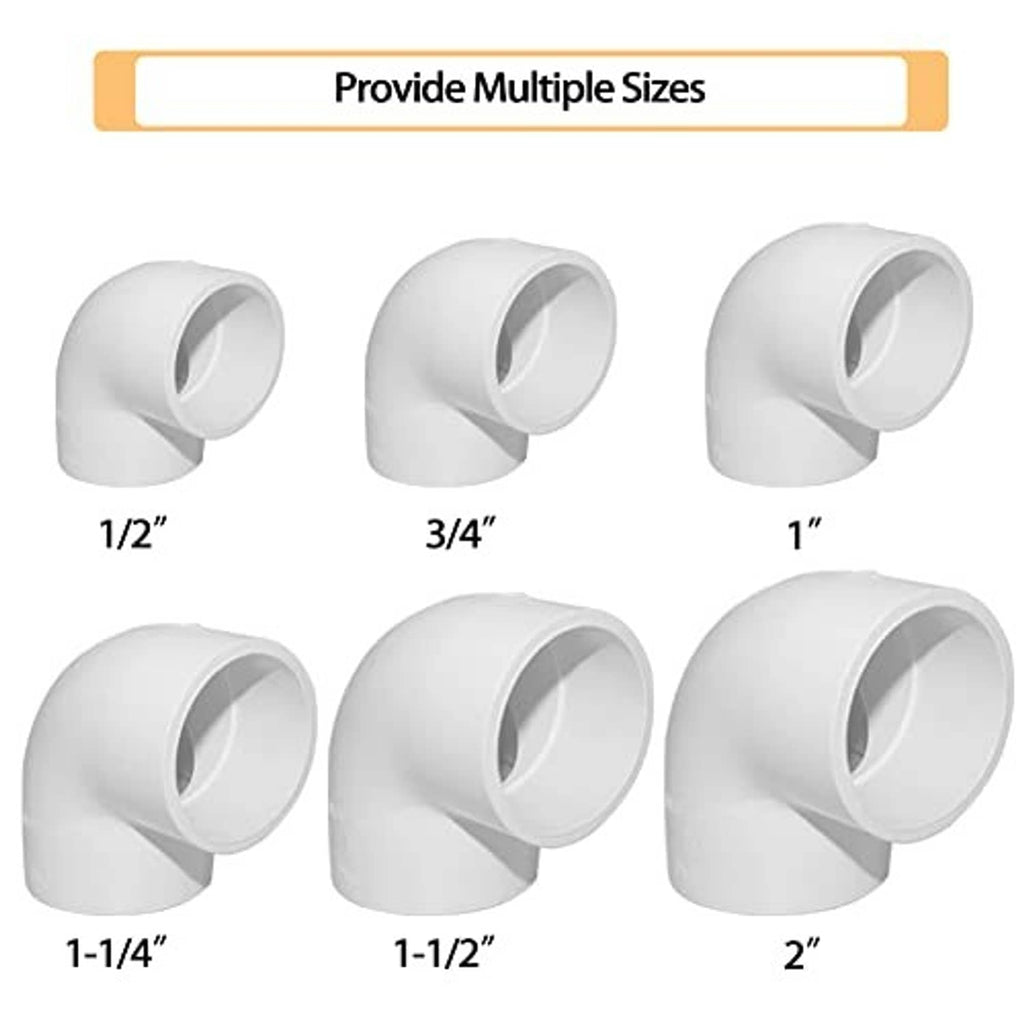 White 90-degree PVC elbow fittings in multiple sizes, set of elbows