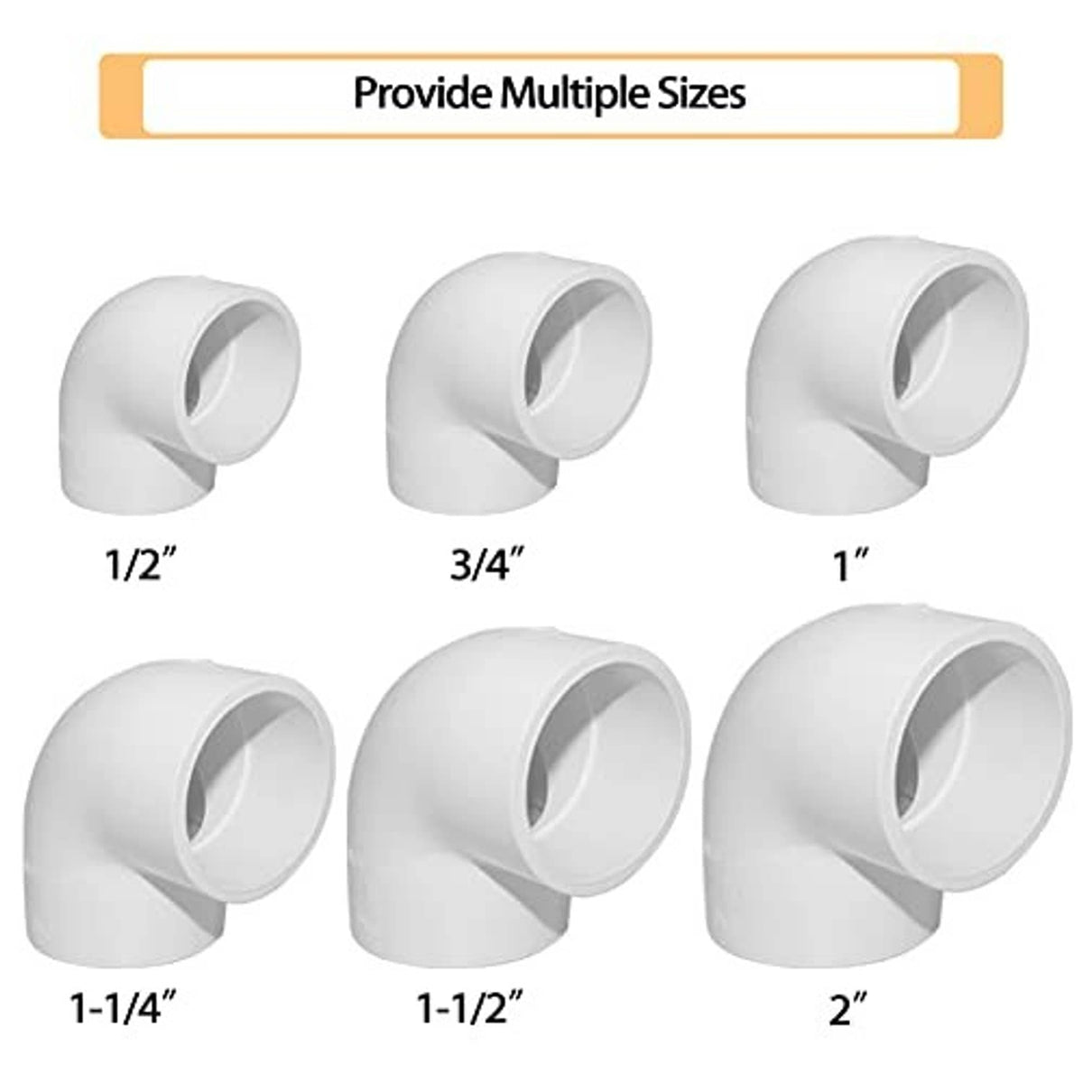 White 90-degree PVC elbow fittings in multiple sizes, set of elbows