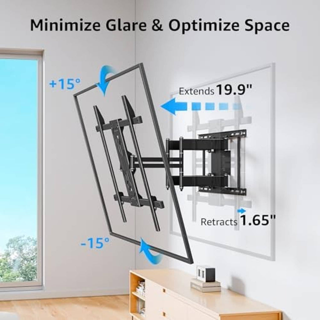 Extendable TV wall mount bracket that minimizes glare and space