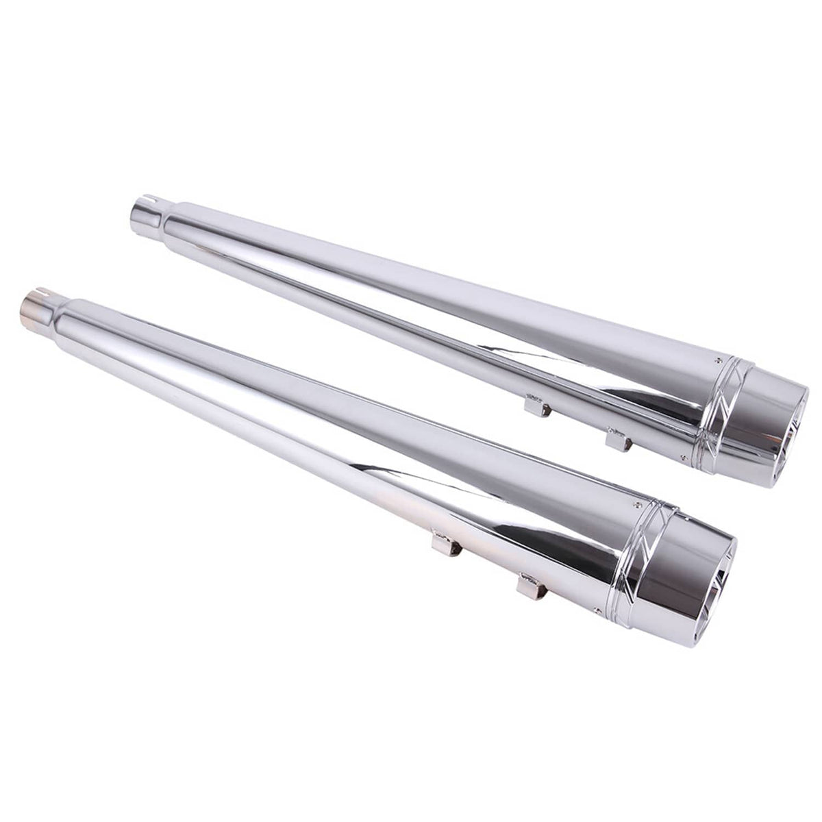 Chrome slip-on muffler pair with polished cylinders and clamp bands on outlets