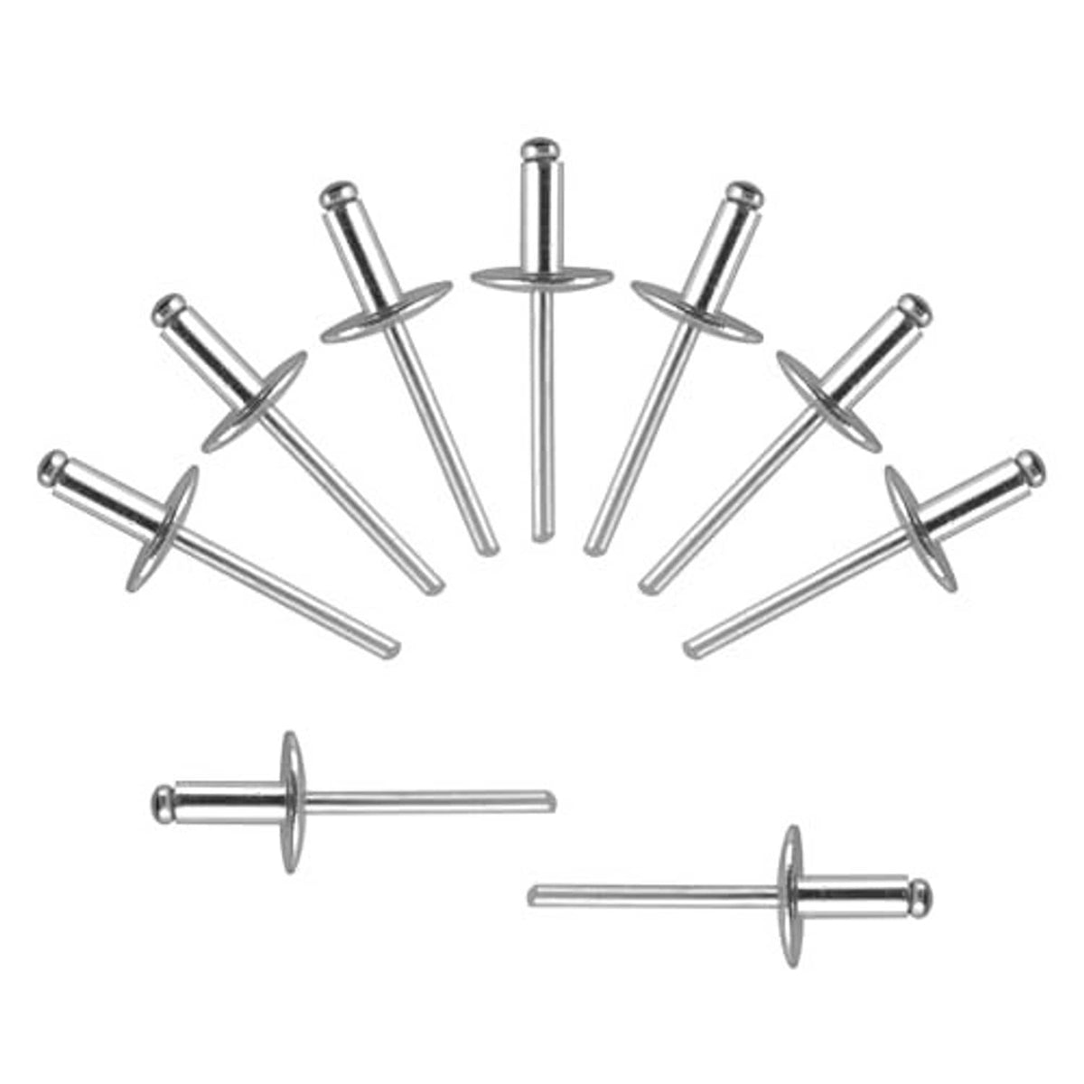 Silver aluminum blind rivets with wide flange heads, front view of multiple rivets