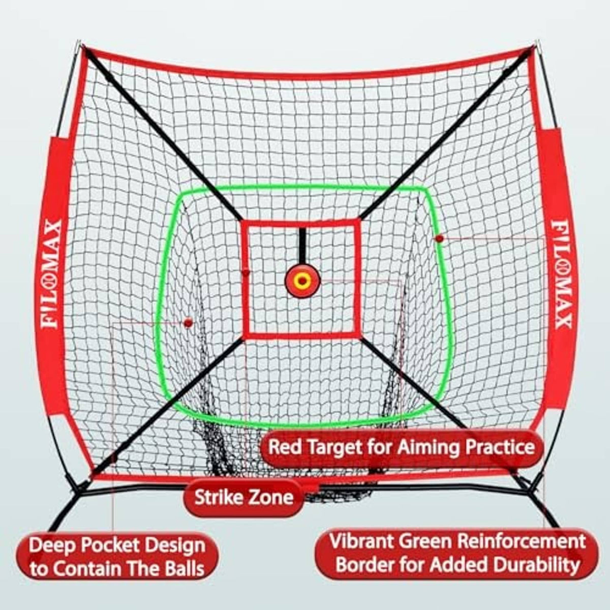 Baseball/softball practice net showing red square target center and green reinforced outline
