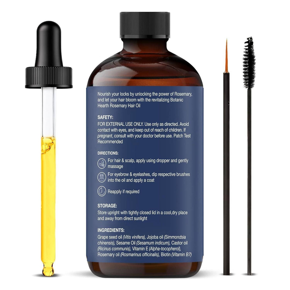 Rosemary hair oil bottle with black cap, dropper beside it, and dark brush applicator