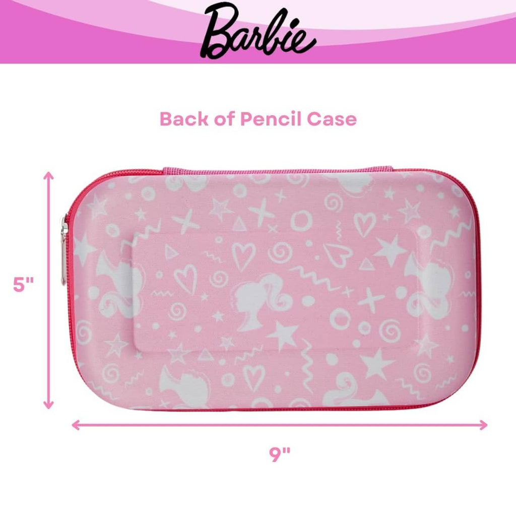 Back of pink pencil case with red zipper and allover star and heart pattern