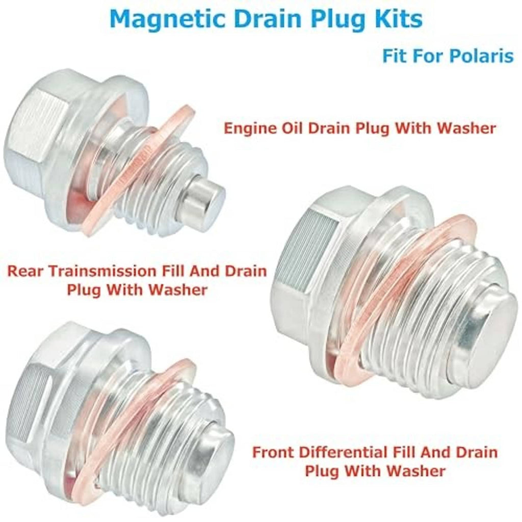 Magnetic stainless steel engine drain plugs with copper washers, front and rear types