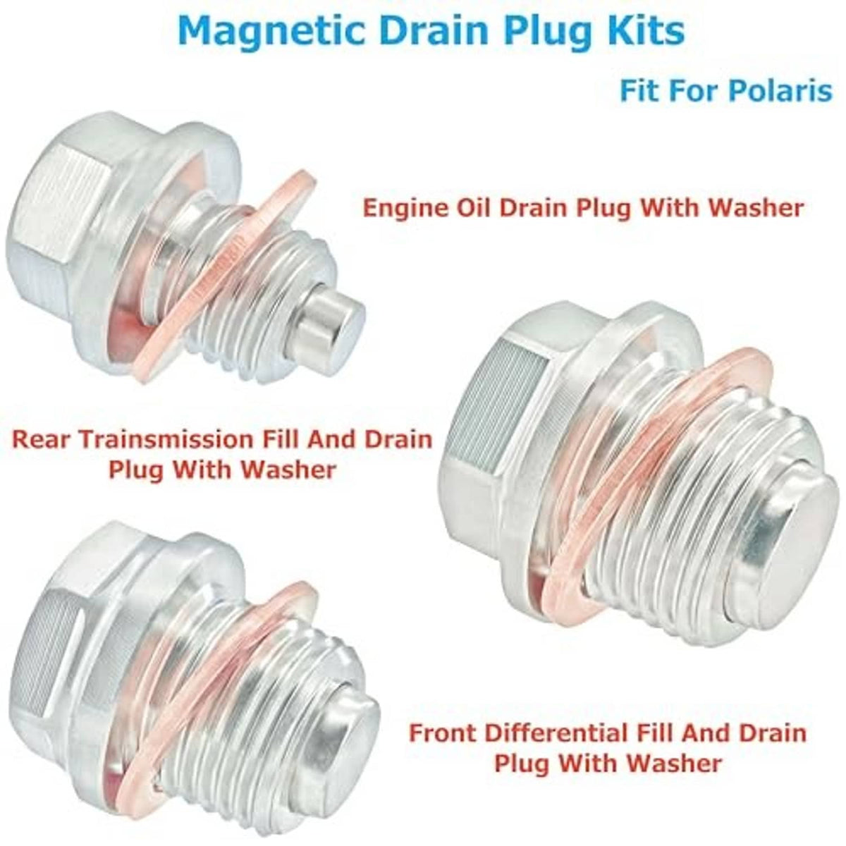 Magnetic stainless steel engine drain plugs with copper washers, front and rear types