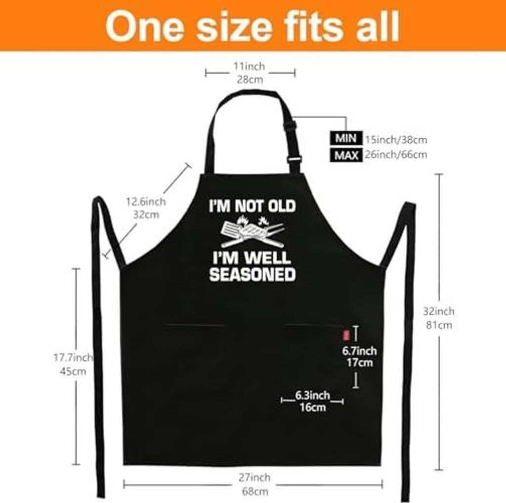 Black apron size chart showing “I’M NOT OLD, I’M WELL SEASONED” front design