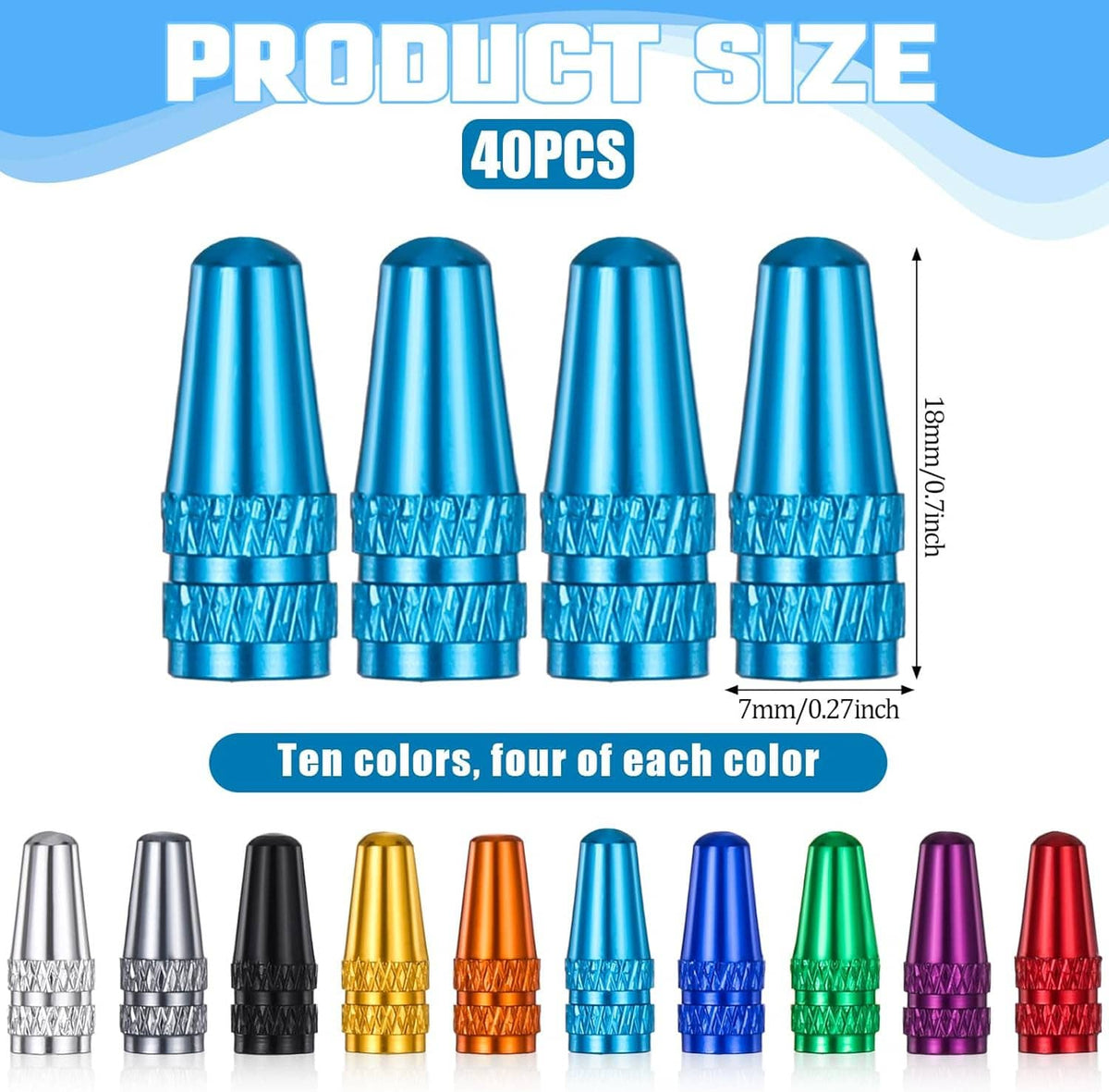 Four blue aluminum Presta valve caps with knurled grip, 40-piece set view