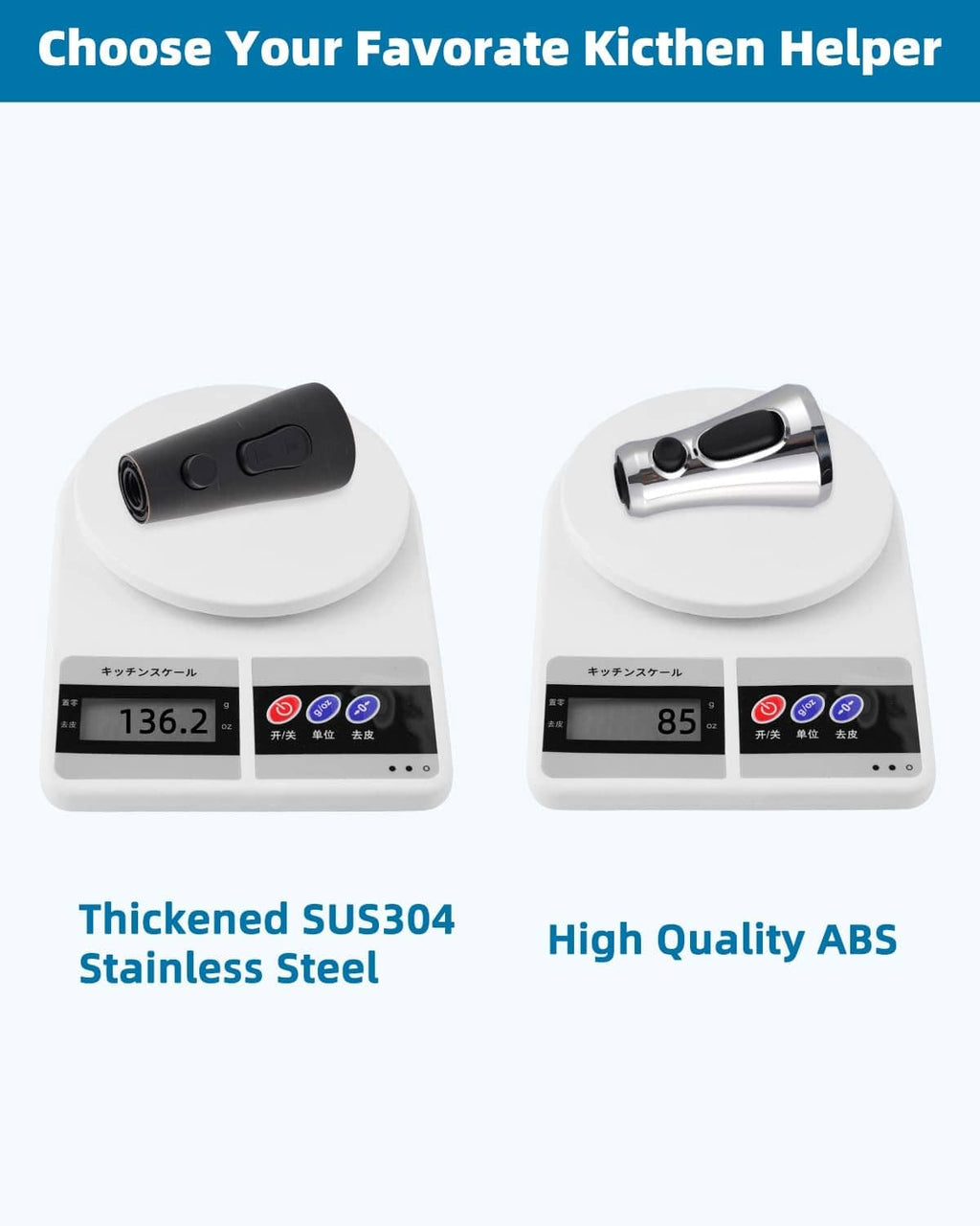 Oil-rubbed bronze faucet head replacement shown on a kitchen scale with two mode settings