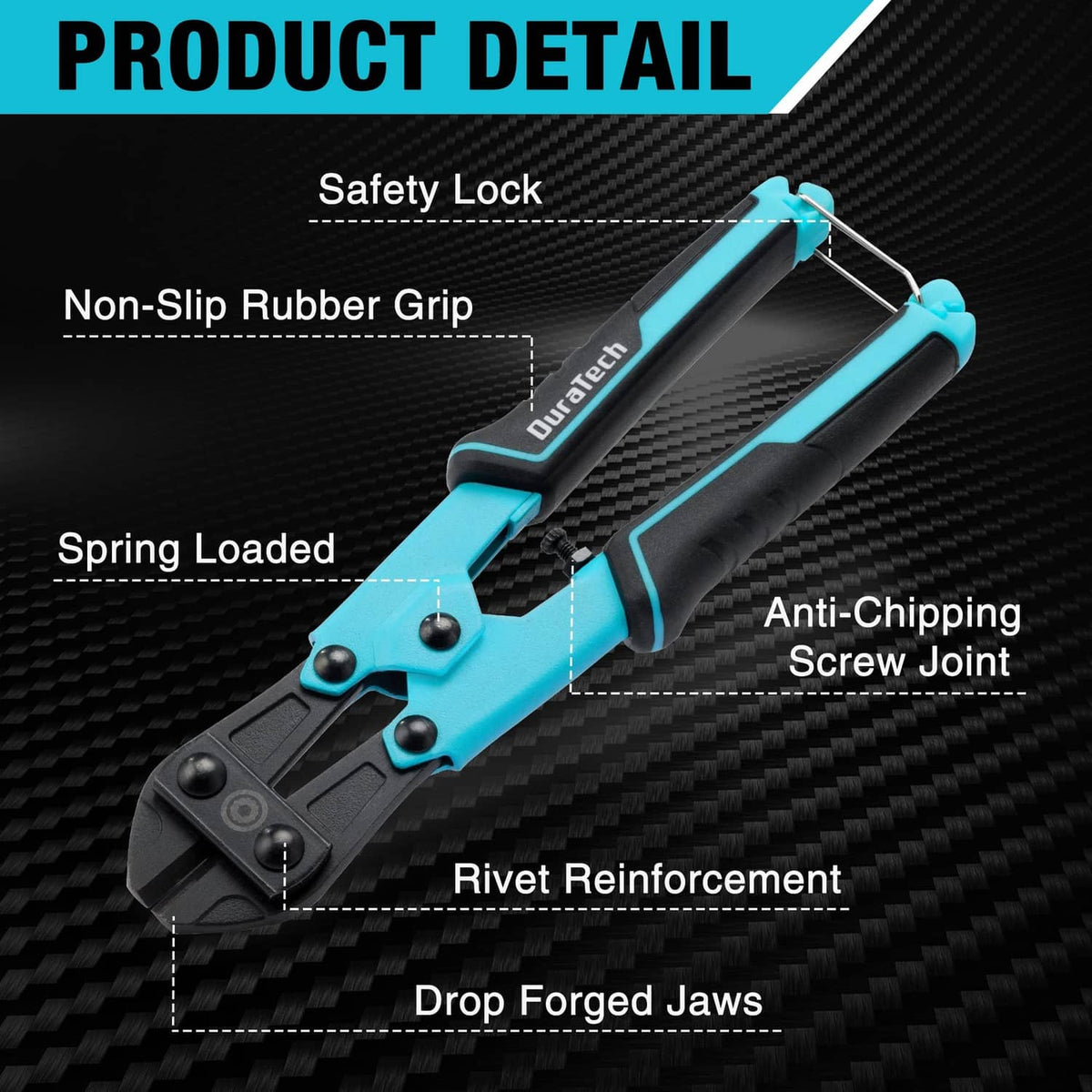 Mini bolt cutter with safety lock, spring-loaded handle, non-slip rubber grips