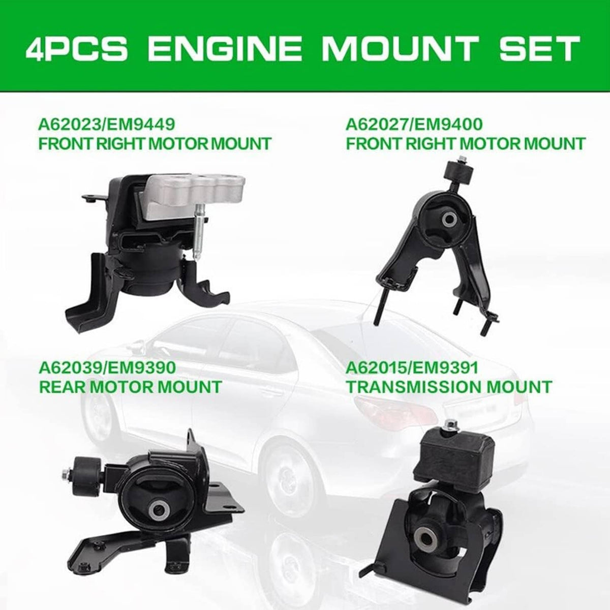 Four-piece engine motor and transmission mount set, multiple black mounts shown