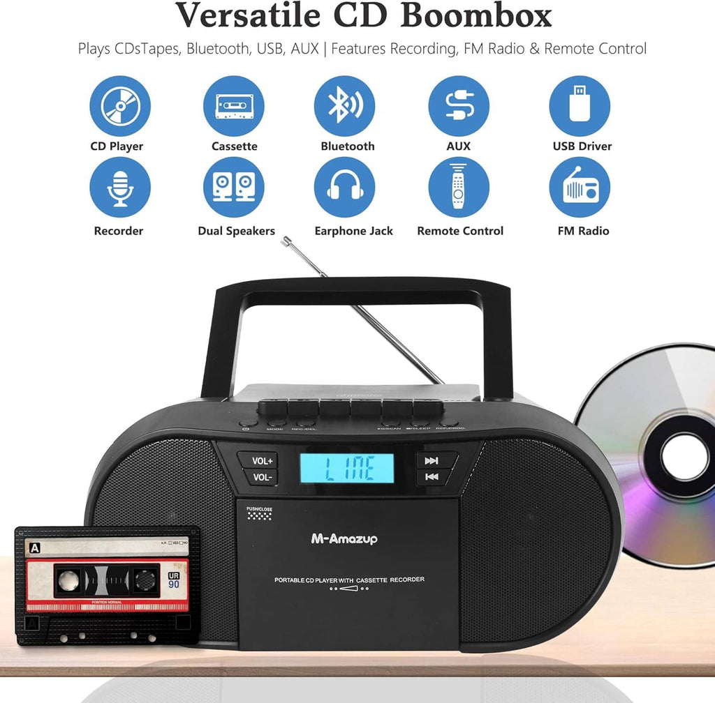 Black portable CD boombox with front display, cassette compartment, and carry handle