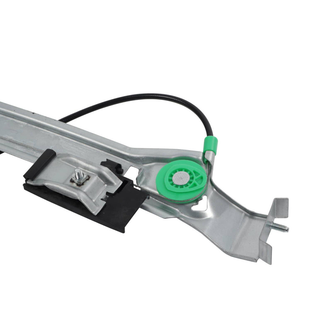 Window regulator guide with green cable bushing, black switch module, and silver metal rail