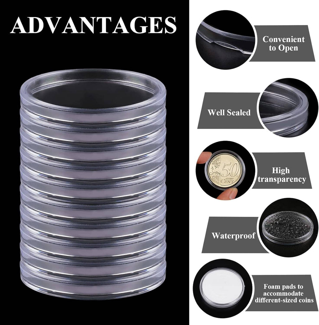 Stack of clear plastic coin capsules with sealed, waterproof and high-transparency features