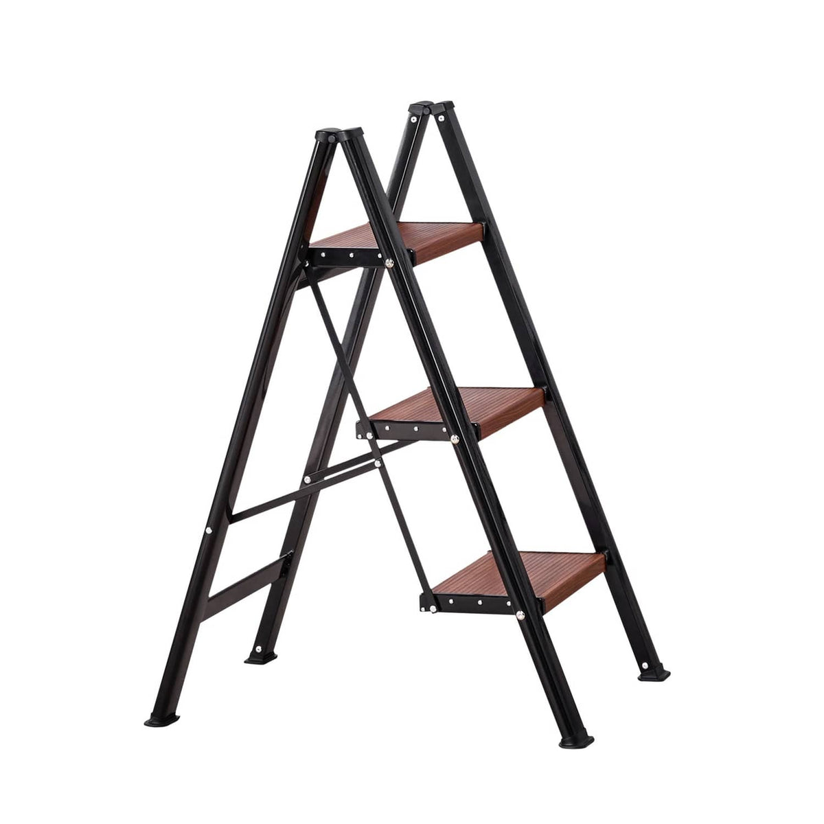 3-step aluminum folding ladder with wide wood-grain non-slip steps and black frame