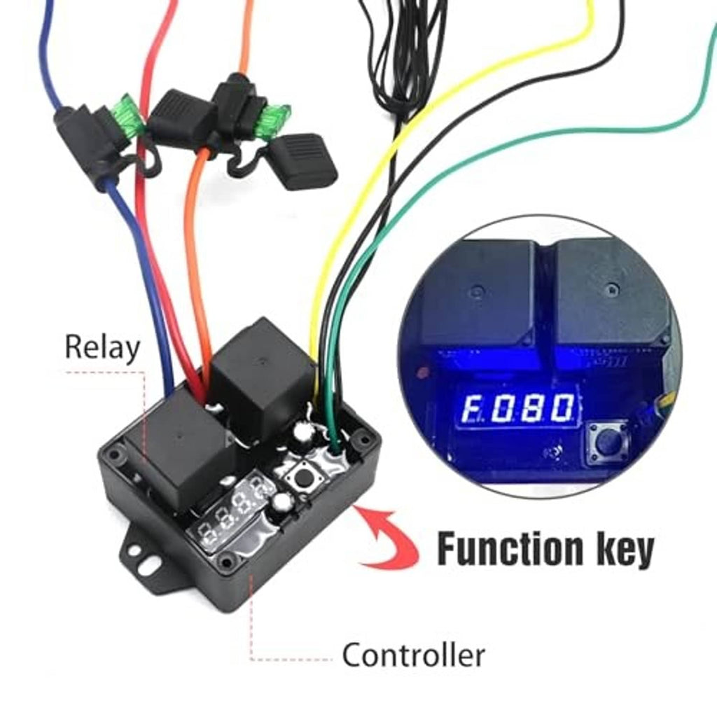 12V digital controller board with blue display, relay sockets, and multi-color wiring
