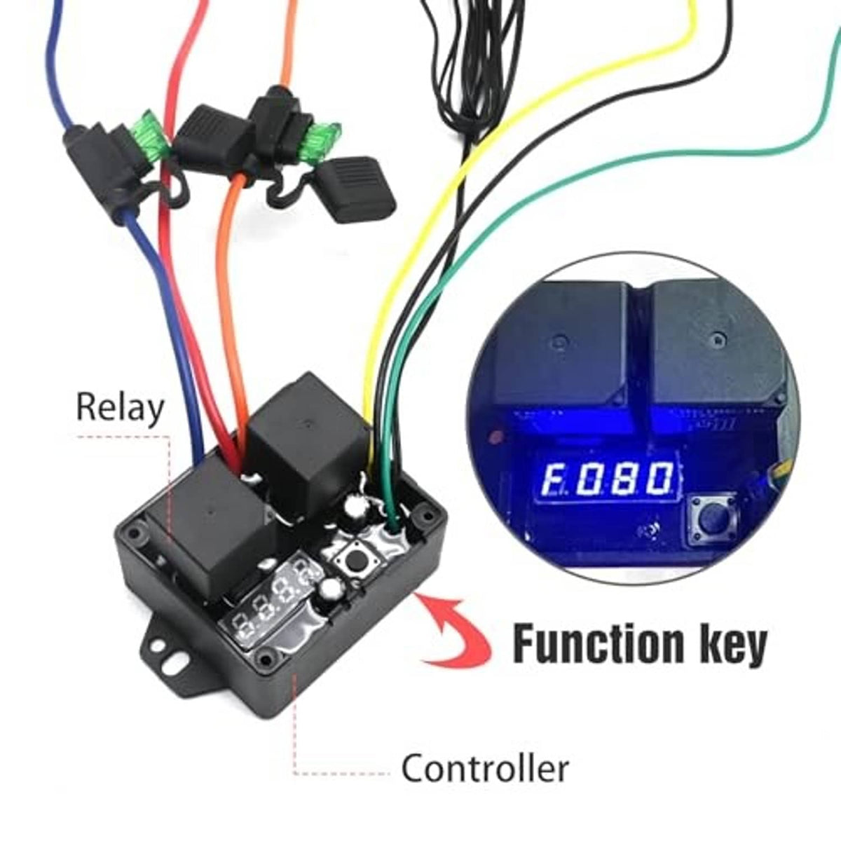 12V digital controller board with blue display, relay sockets, and multi-color wiring