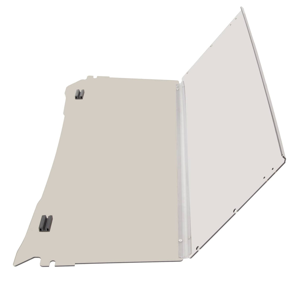 Flip windshield windscreen with beige tinted panel and metal hinge hardware