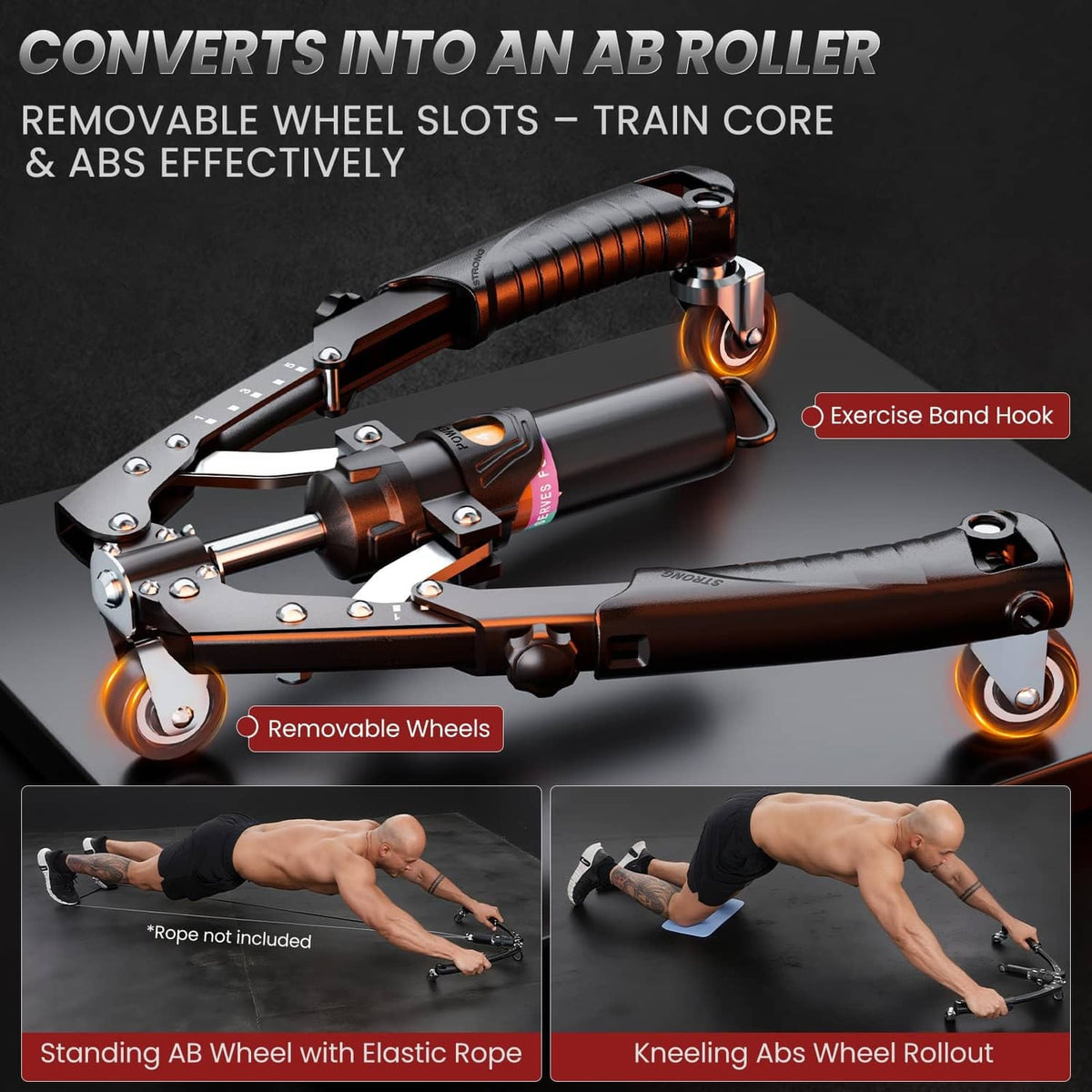 Hydraulic arm trainer with removable wheel slots and orange-accent roller frame