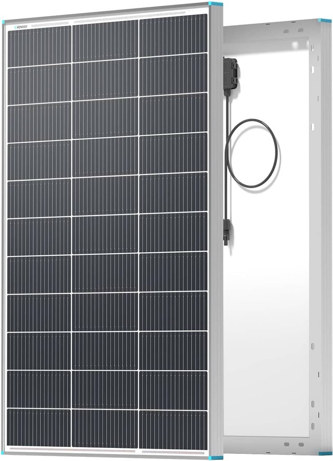 Solar panel with open white backing, side ports, and cable loop
