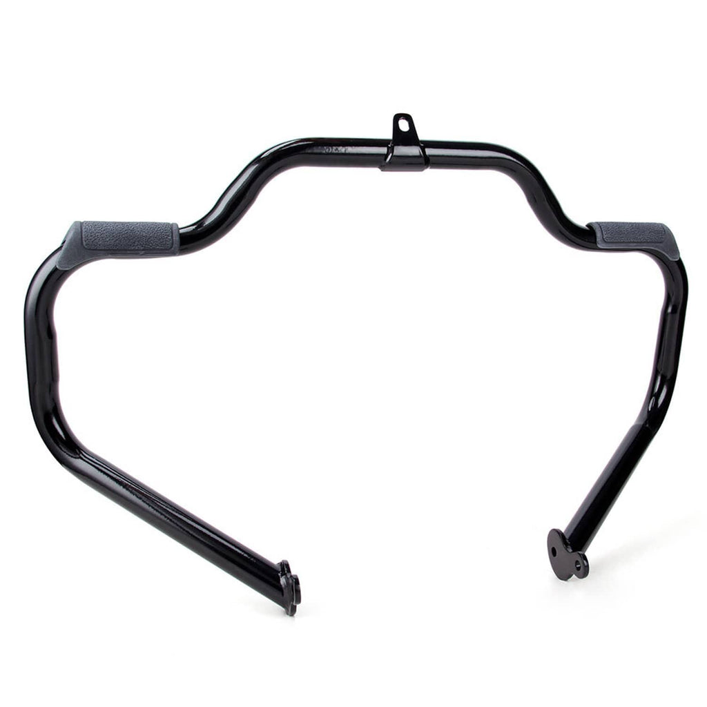 Black engine crash guard bar with two mounting feet and center support