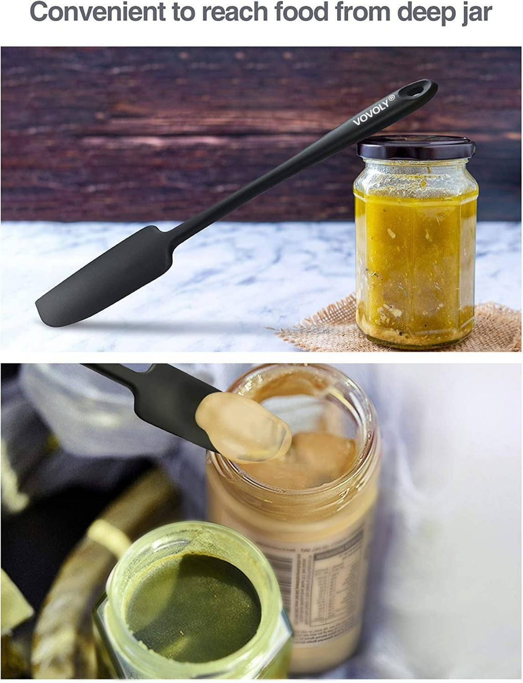 Black silicone spatula reaching into a jar with a wide flat head
