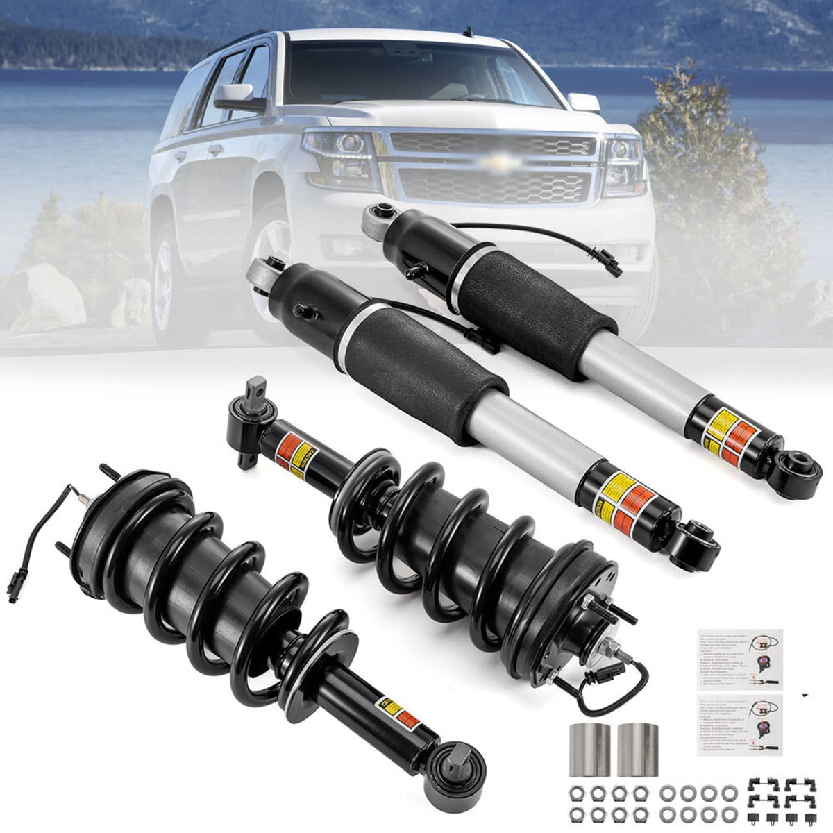 Suspension strut shock absorbers with black rubber ends, silver cylinders, and coiled springs