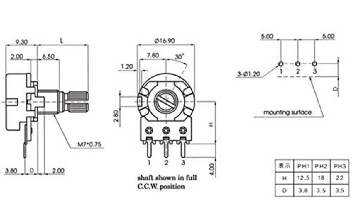 Potentiometer technical drawing with shaft size, 3-pin layout, and mounting dimensions