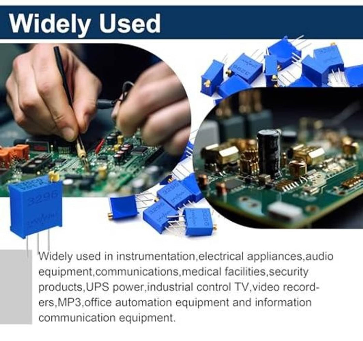 Blue 3296W multiturn trimmer potentiometers used in electronics circuit assembly