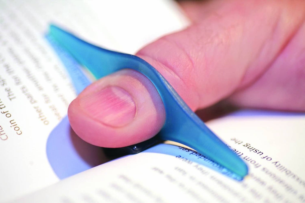 Blue thumb page holder pinching book page with finger, bookmark clip