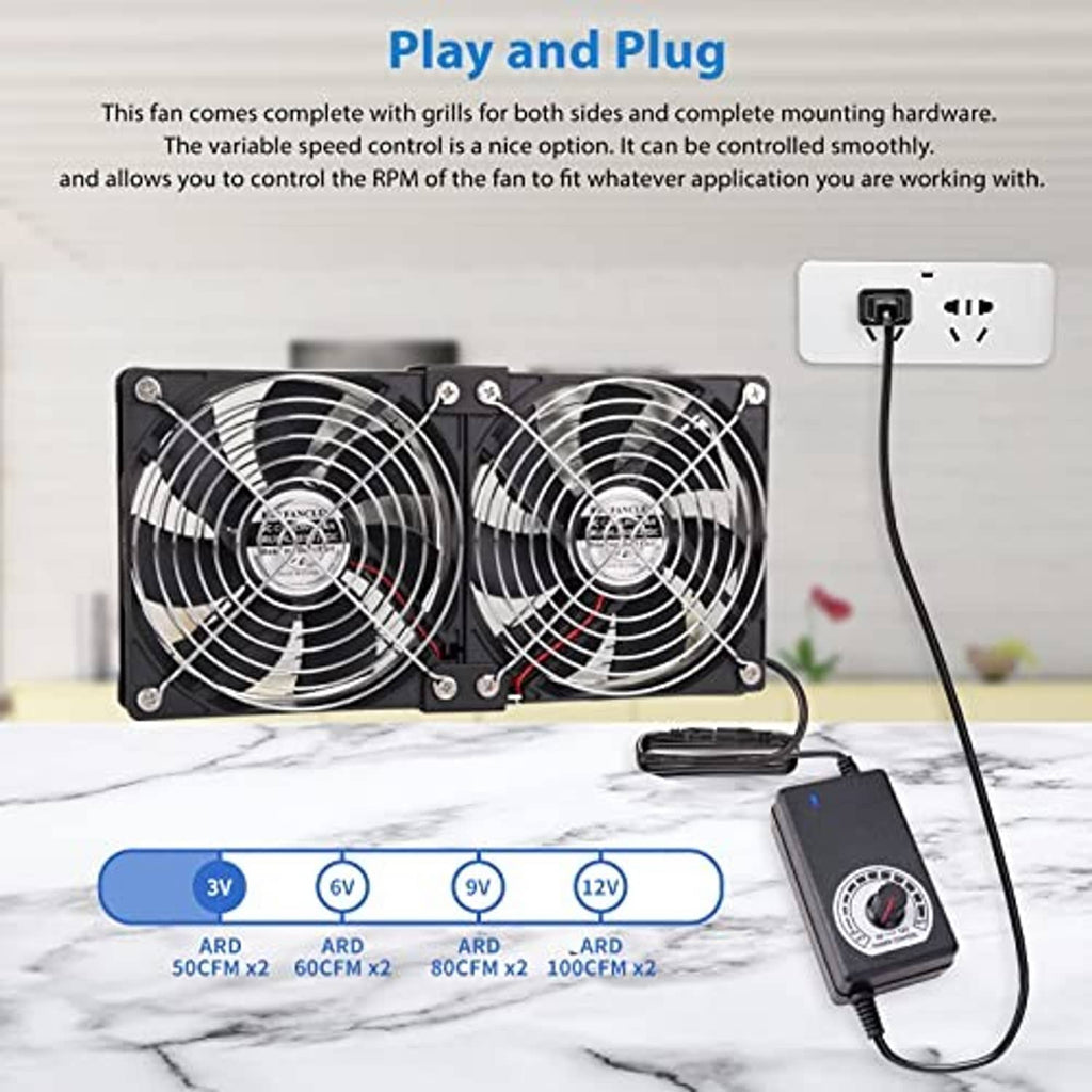 Dual 120mm PC cooling fans with speed controller and power plug, side-by-side grilles