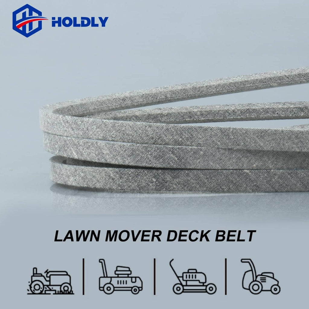 Gray lawn mower deck belt, stacked layers with textured rubber surface
