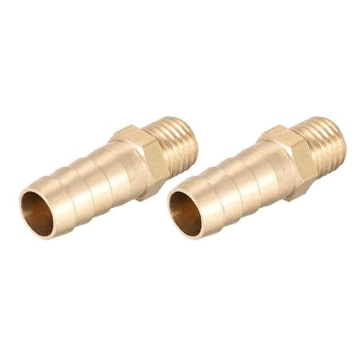 Brass hose barb fitting pair, barbed outlets with M10 male threaded end