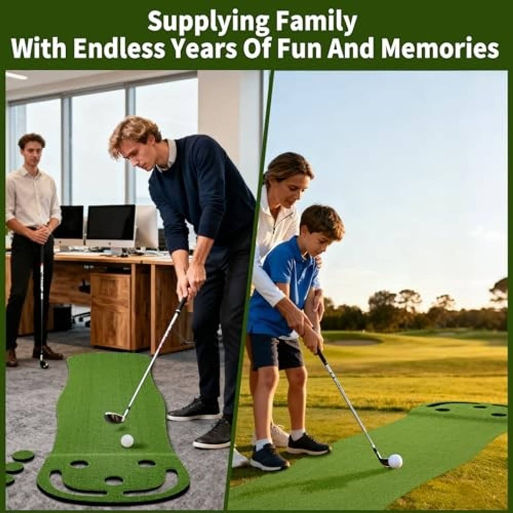 Green artificial turf putting green mat with cup holes, adults and child practicing putts