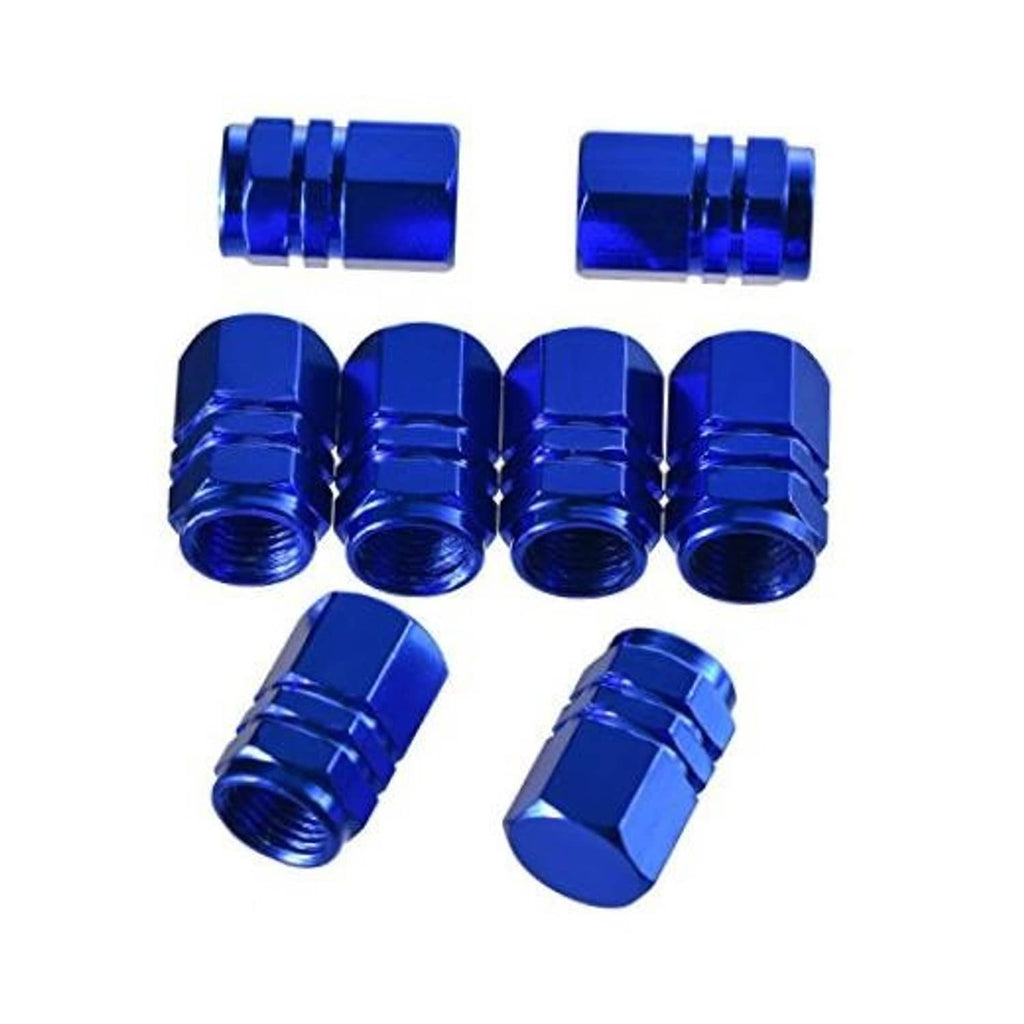 Blue hex aluminum tire valve stem caps, set of 8 pieces