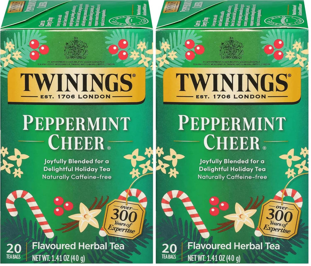 Twinings Peppermint Cheer naturally caffeine-free herbal tea boxes (20 tea bags, 2-pack)