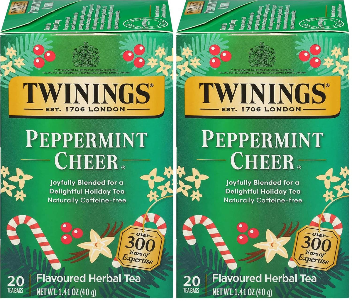 Twinings Peppermint Cheer naturally caffeine-free herbal tea boxes (20 tea bags, 2-pack)